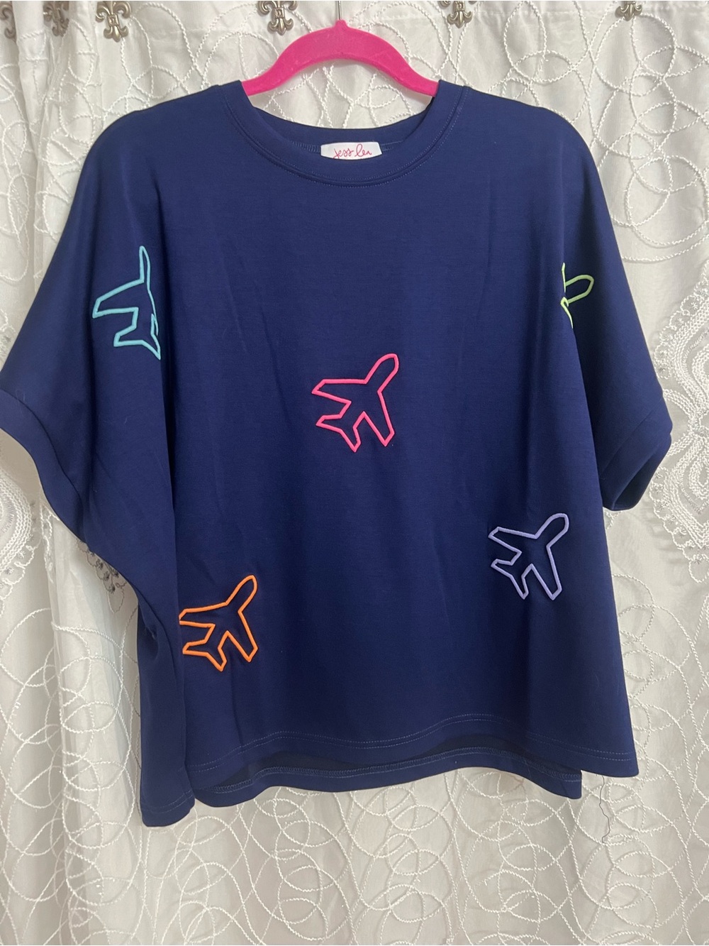 Ladies Navy Airplane Graphic Tee with Neon Accents